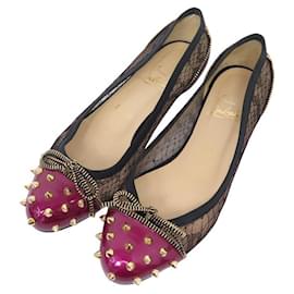 Christian Louboutin-CHRISTIAN LOUBOUTIN CANDY SPIKE BALLET FLATS 36.5 PATENT LEATHER SHOES-Pink