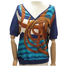 Hermès-PULL HERMES TWILLAINE MOTIF COACHING L 42 V-NECK COTTON AND SILK BLUE SWEATER-Blue