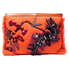 NEW KENZO ORANGE CANVAS CLUTCH BAG WITH FUR TOOLS 2014 Orange