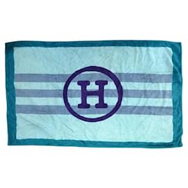 Hermès-HERMES BEACH TOWEL H BLUE COTTON BATH TOWEL-Blue