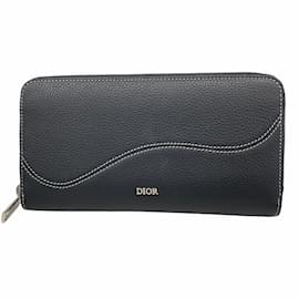 Christian Dior-Christian Dior Long Wallet Saddle 12 Zip Leather Black-Black