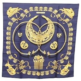 Hermès-HERMES Carre 90 Scarf ""LES CAVALIERS D'OR"" Silk Navy Auth sw331-Navy blue