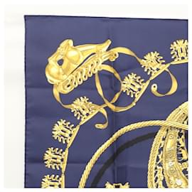 Hermès-HERMES Carre 90 Scarf ""LES CAVALIERS D'OR"" Silk Navy Auth sw331-Navy blue