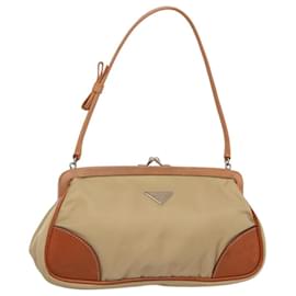 Prada-PRADA Accessory Pouch Nylon Beige Brown Silver Auth 122691-Brown,Silvery,Beige