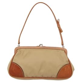 Prada-PRADA Accessory Pouch Nylon Beige Brown Silver Auth 122691-Brown,Silvery,Beige