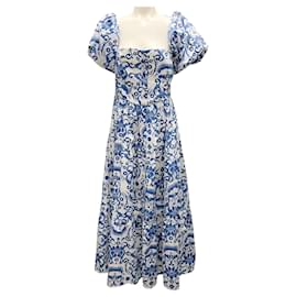 Autre Marque-Borgo de Nor White / Blue Puff Sleeve Cotton Maxi Dress-Blue
