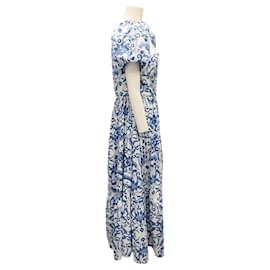 Autre Marque-Borgo de Nor White / Blue Puff Sleeve Cotton Maxi Dress-Blue