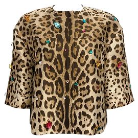 Braune Leopardenmuster-Cropped-Jacke von Dolce & Gabbana mit Edelsteinen Braun