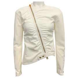 Tom Ford Ivory Ruched Leather Asymmetric Moto Jacket Cream