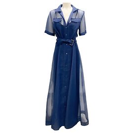 Staud Navy Belted Organza Full-Length Millie Dress Navy blue