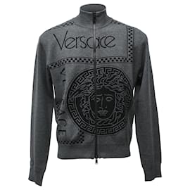 Versace- Versace Medusa Logo Zipped Sweater in Grey Wool-Grey