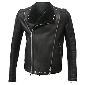 Schwarze Leder-Bikerjacke mit Shearling-Futter von Balmain Schwarz