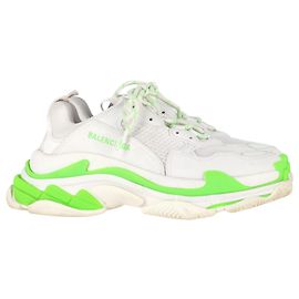 Balenciaga Triple S Sneakers in White and Neon Green Polyester White