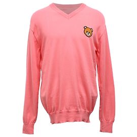Suéter V-Neck em Algodão Rosa com Urso Moschino Couture Rosa