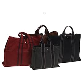 Hermès-HERMES Fourre Tout Sac Tote Toile 4Set Marron Noir Rouge Auth bs24712-Marron,Noir,Rouge