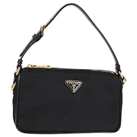 Prada-PRADA Accessory Pouch Nylon Black Gold Auth MX089M-Black,Golden