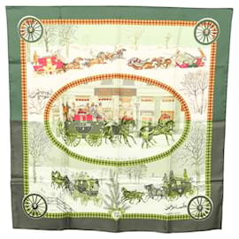 Hermès-HERMES Carre 90 Scarf ""L�fHIVER EN POSTE"" Silk Green Auth sw343-Green