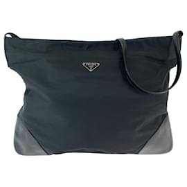 Prada-Prada Tessuto Triangle Logo Plate Black Nylon Shoulder Bag-Black