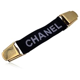 Chanel-Black Elastic Logo Suspenders Cincher Gold Metal Clip-Black