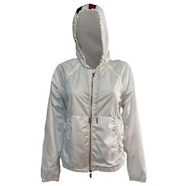 Thom Browne Stripe Zipped Hooded Jacket in White Polyester White Cream