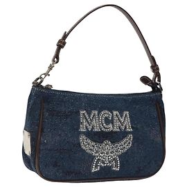 MCM Accessory Pouch Canvas Navy Silver Auth 121847 Silvery Navy blue