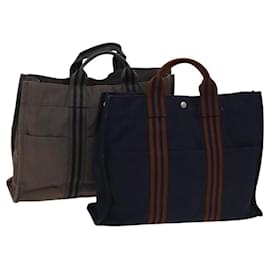 Hermès-HERMES Fourre Tout MM Sac à Main Toile 2Set Gris Marine Auth ti3040-Marron,Bleu Marine