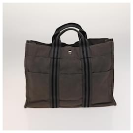 Hermès-HERMES Fourre Tout MM Sac à Main Toile 2Set Gris Marine Auth ti3040-Marron,Bleu Marine
