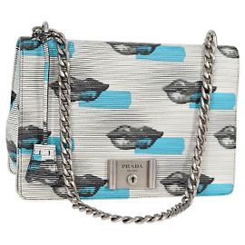PRADA Bolsa de Ombro com Corrente de Couro Azul Prata Auth KD283M Prata Azul