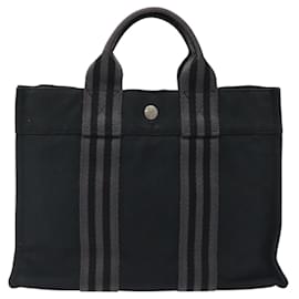 Hermès-HERMES Fourre Tout PM Sac à Main Toile Noir Gris Argent Auth bs25218-Marron,Noir,Argenté