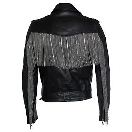 Balmain, Giacca in pelle biker con frange metalliche Nero