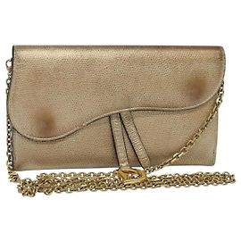 Cartera de cadena de cuero marrón dorado Christian Dior Saddle Auth hk2524 Castaño Dorado