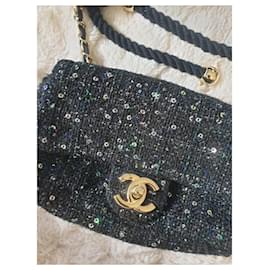Chanel-Chanel Mini Flap Saisonnière Avec Poignée en Perles Tweed Bleu Foncé LGHW-Noir,Bleu