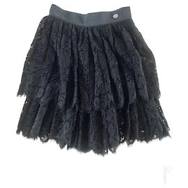 Falda Chanel negra con volantes efecto encaje de algodón Negro