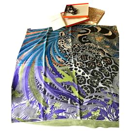 Hermès-Hermès scarf titled 'Jaguar Quetzal' by Alice Shirley in its box and its 'sur box'-Blue,Grey,Camel
