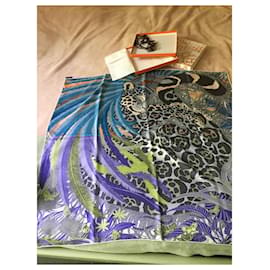 Hermès-Hermès scarf titled 'Jaguar Quetzal' by Alice Shirley in its box and its 'sur box'-Blue,Grey,Camel