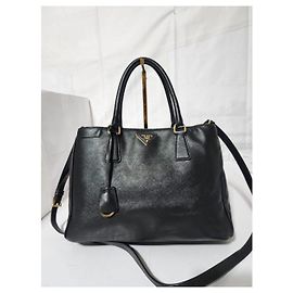 PRADA Saffiano Leather Medium Double Zip Tote Bag Black Black