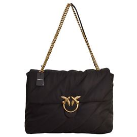 Bolsa de ombro Pinko Love Extra Puff Maxi em nylon preto com aba e alça de corrente. Preto