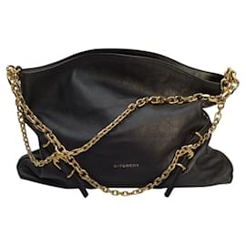 Givenchy-Givenchy Voyou Gold Chain Medium Black Grainy Leather Shoulder Tote Bag-Black