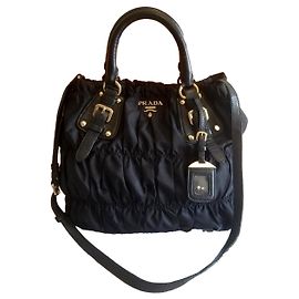Prada Black Linen Handbag with Gold Hardware Black