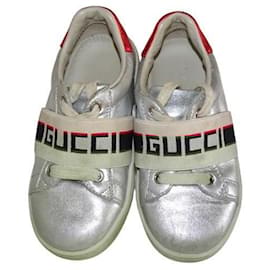 Gucci-GUCCI ACE UNISEX LEATHER SNEAKERS-Silvery