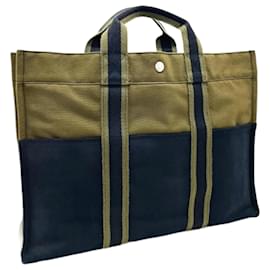 Hermès-Sac tote en toile Foule MM d'Hermès-Noir,Vert,Kaki