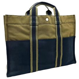 Hermès Foule MM Canvas Tote Bag Schwarz Grün Khaki
