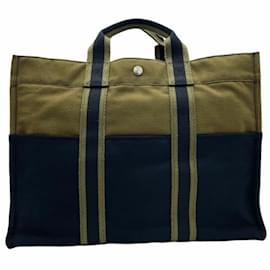 Hermès-Sac tote en toile Foule MM d'Hermès-Noir,Vert,Kaki