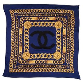 Lenço Chanel de seda 100% seda 90 x 90 cm Azul escuro