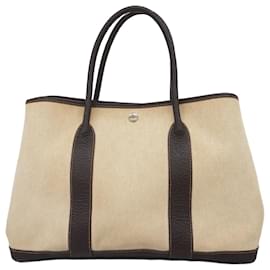 Hermès-Sac Tote Hermes Garden PM Toile Brun Cendre G Stamp-Marron