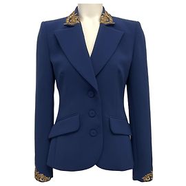 Moschino Couture Navy Blue Blazer with Gold Metal Embroidery Blue