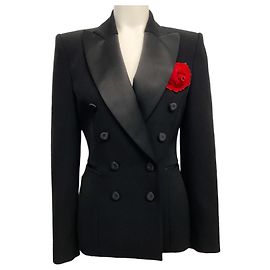 Blazer in lana nera Moschino Couture con fiore rosso Nero