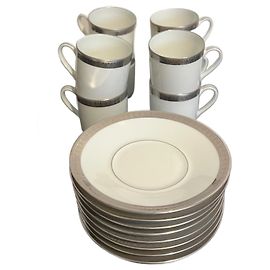 Autre Marque Bernardaud Vercors 8 Tazze e Piattini da Caffè Porcellana Bianca Platino Argento Bianco