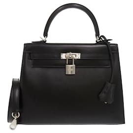 Hermès-Sac à main Hermes Kelly 25 en cuir de veau noir box-Noir
