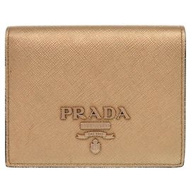 Prada Saffiano Leather Gold Bi-fold Wallet Golden